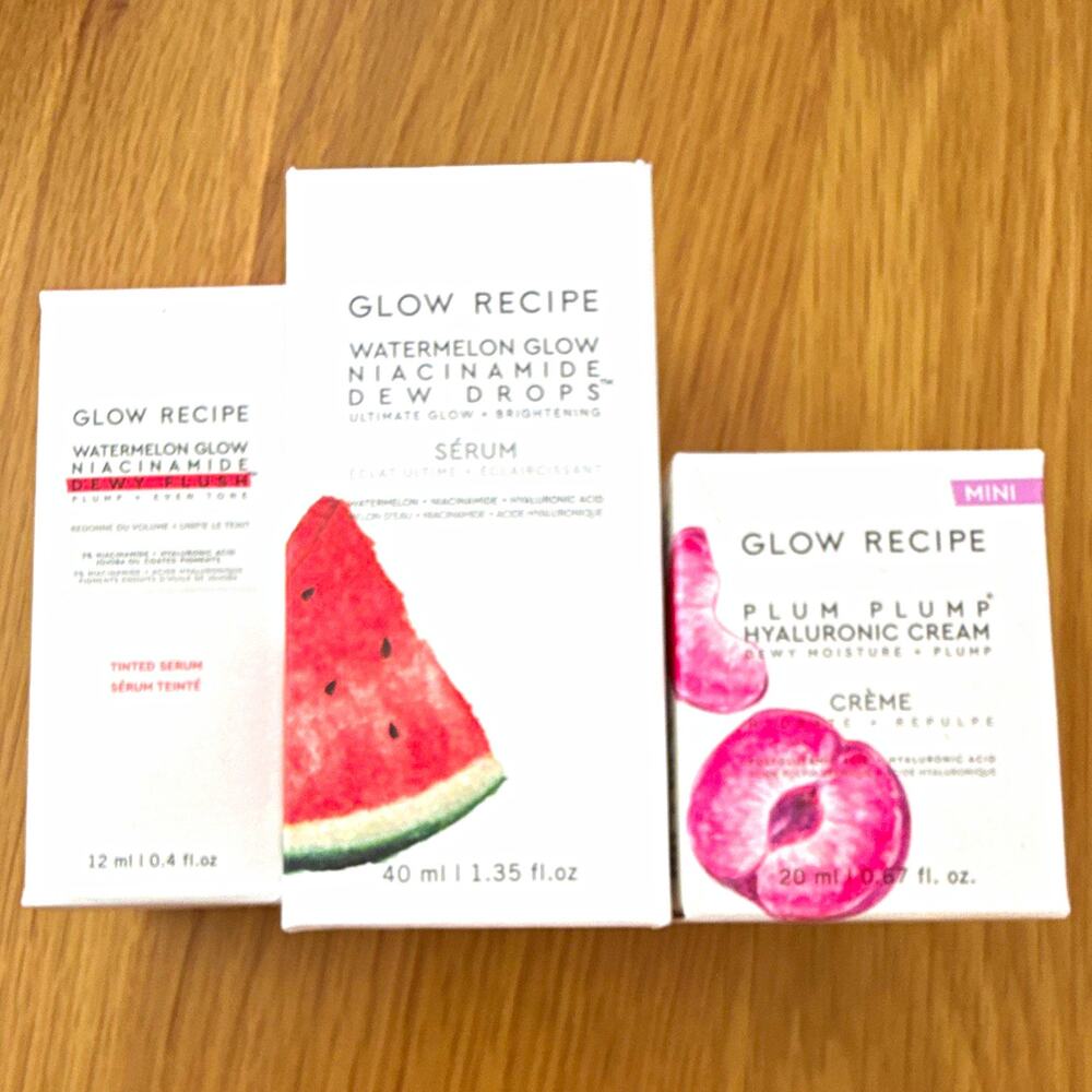 Glow Recipe Skincare Bundle Watermelon Dew Drops Hue Drops Plum Plump Cream NEW